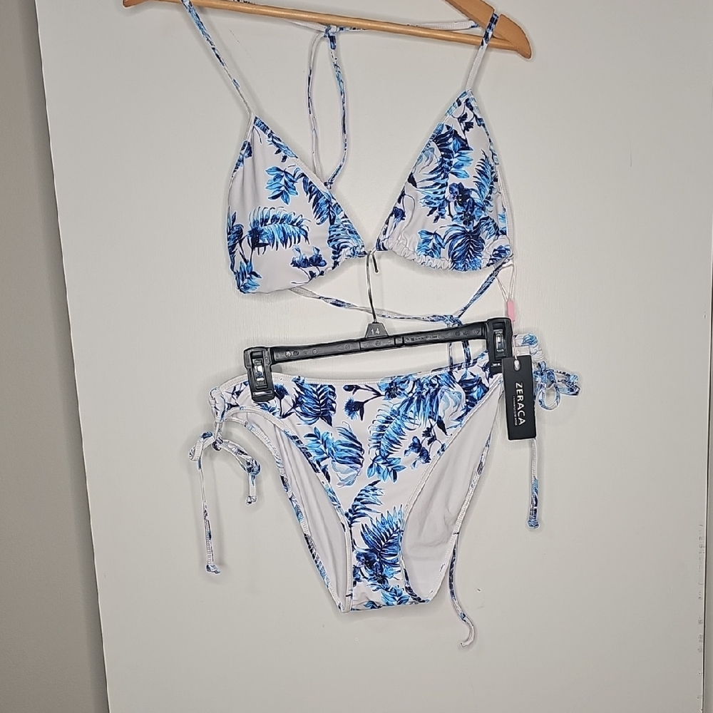 Blue and White Leaf Print Bikini